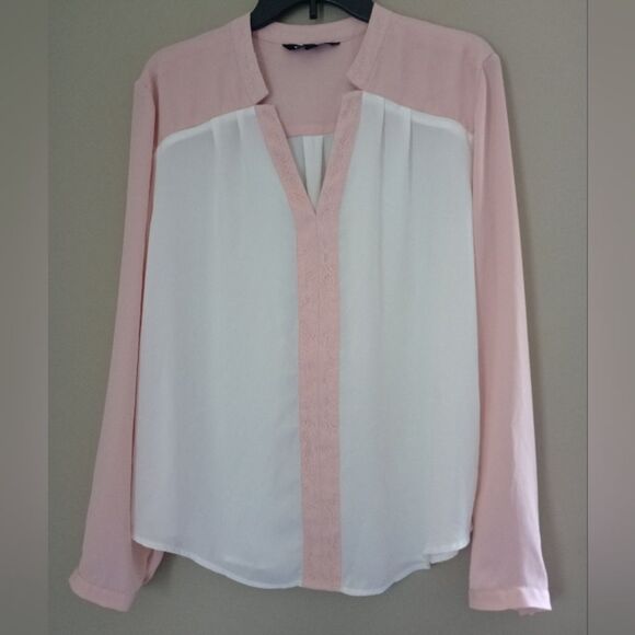 41 Hawthorn Tops - 41 Hawthorn Pink White Long Sleeve Blouse Lace Trim Size XL